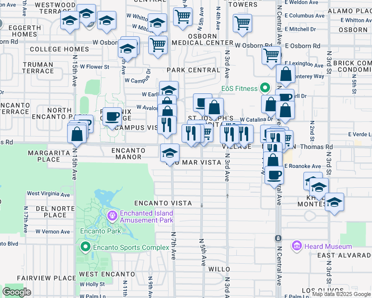 map of restaurants, bars, coffee shops, grocery stores, and more near 535 West Thomas Road in Phoenix