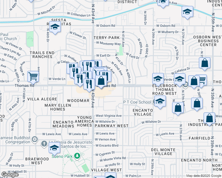 map of restaurants, bars, coffee shops, grocery stores, and more near 4135 West Thomas Road in Phoenix