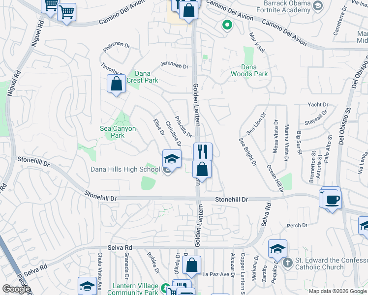map of restaurants, bars, coffee shops, grocery stores, and more near 33242 Christina Drive in Dana Point
