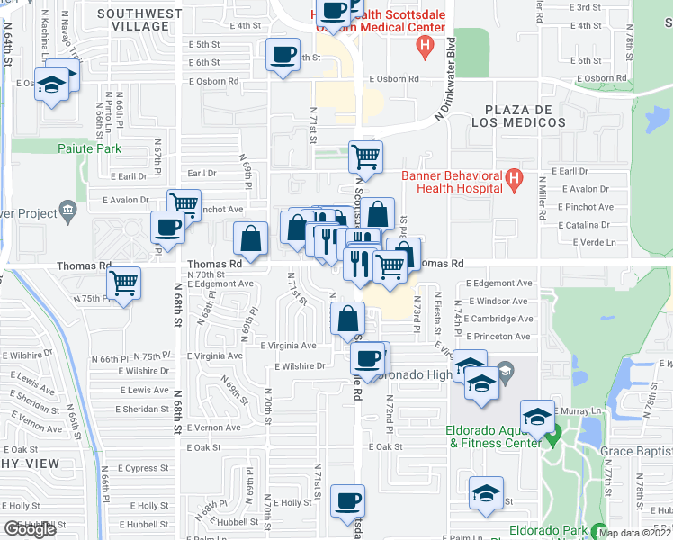 map of restaurants, bars, coffee shops, grocery stores, and more near 7153 East Thomas Road in Scottsdale