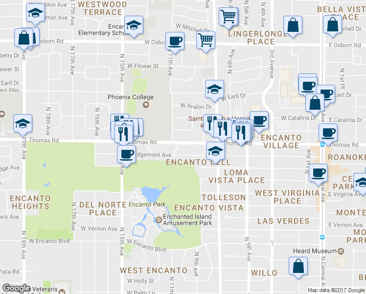 map of restaurants, bars, coffee shops, grocery stores, and more near 843 West Thomas Road in Phoenix