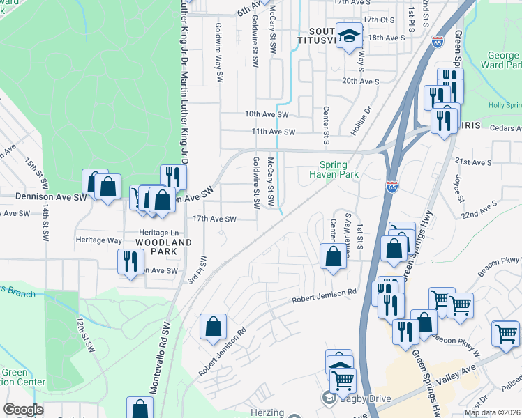 map of restaurants, bars, coffee shops, grocery stores, and more near 129 16th Avenue Southwest in Birmingham