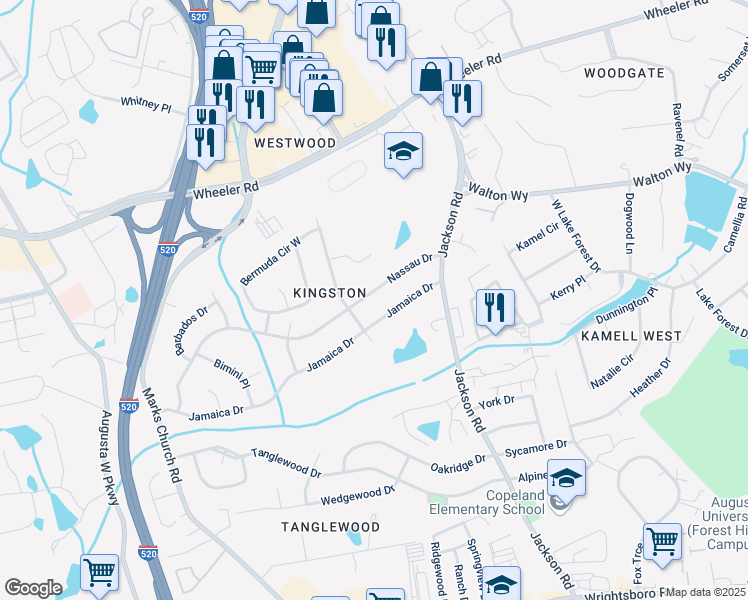 map of restaurants, bars, coffee shops, grocery stores, and more near 3518 Nassau Drive in Augusta