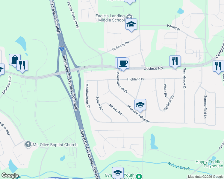 map of restaurants, bars, coffee shops, grocery stores, and more near 30 Pleasant Valley Road in McDonough