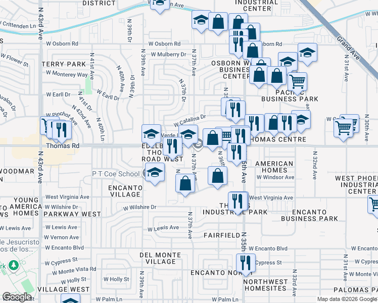 map of restaurants, bars, coffee shops, grocery stores, and more near 3701 West Thomas Road in Phoenix