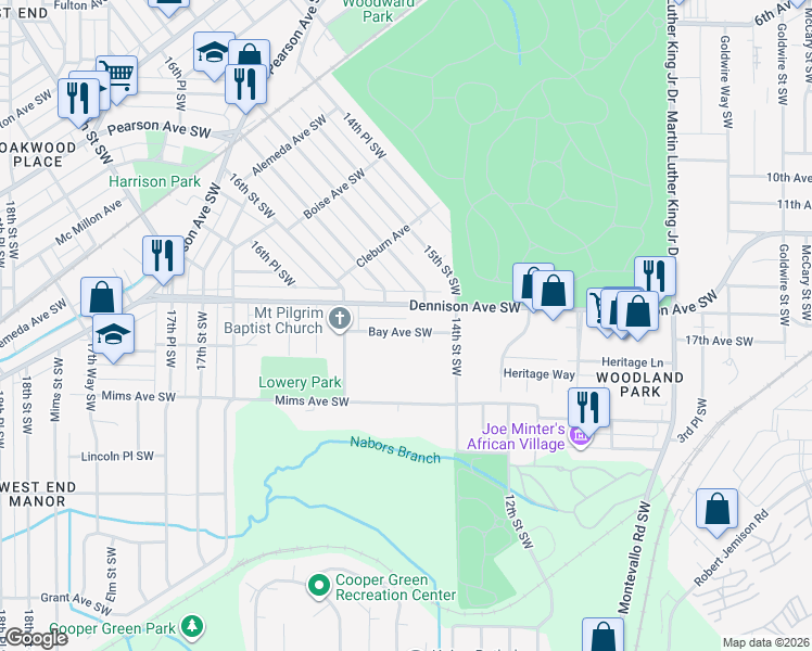 map of restaurants, bars, coffee shops, grocery stores, and more near 1526 Bay Avenue Southwest in Birmingham
