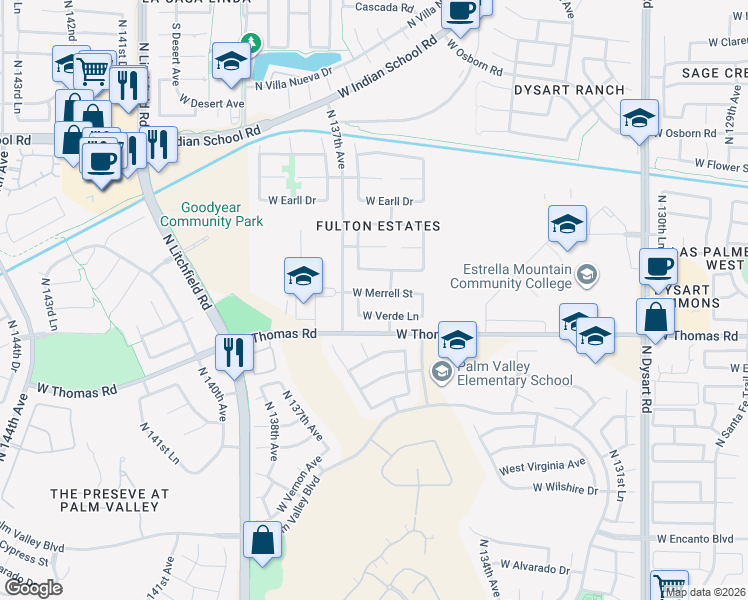 map of restaurants, bars, coffee shops, grocery stores, and more near 13619 West Merrell Street in Avondale