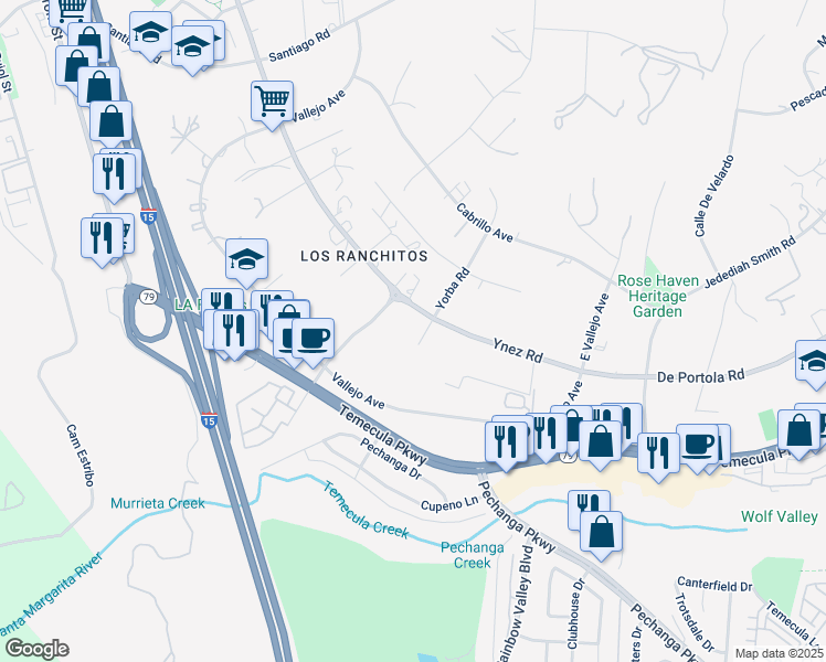 map of restaurants, bars, coffee shops, grocery stores, and more near 41511 Yorba Avenue in Temecula