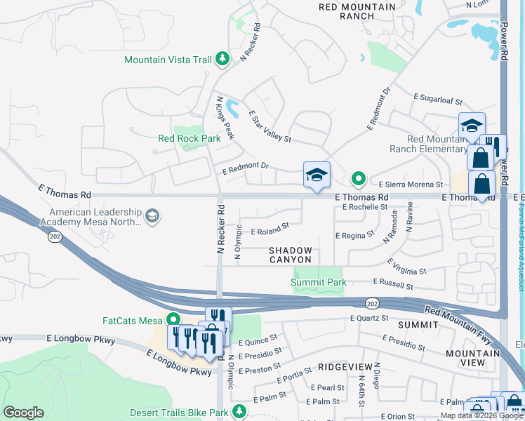 map of restaurants, bars, coffee shops, grocery stores, and more near 3545 North San Gabriel Circle in Mesa
