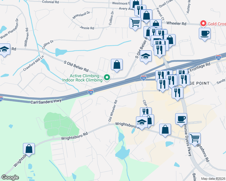 map of restaurants, bars, coffee shops, grocery stores, and more near 109 Old Wheeler Court in Grovetown