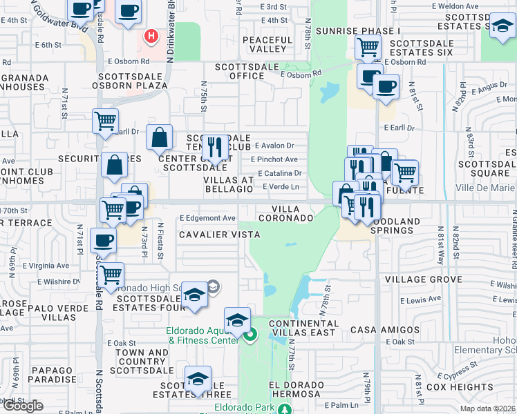 map of restaurants, bars, coffee shops, grocery stores, and more near 7628 East Edgemont Avenue in Scottsdale