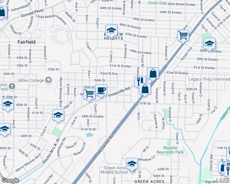 map of restaurants, bars, coffee shops, grocery stores, and more near 5514 Vinesville Road in Birmingham