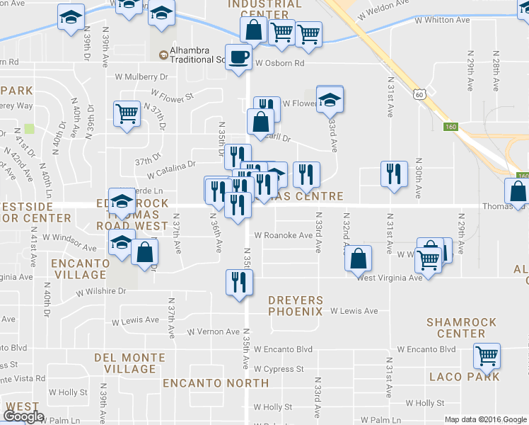 map of restaurants, bars, coffee shops, grocery stores, and more near 3423 W Thomas Rd in Phoenix