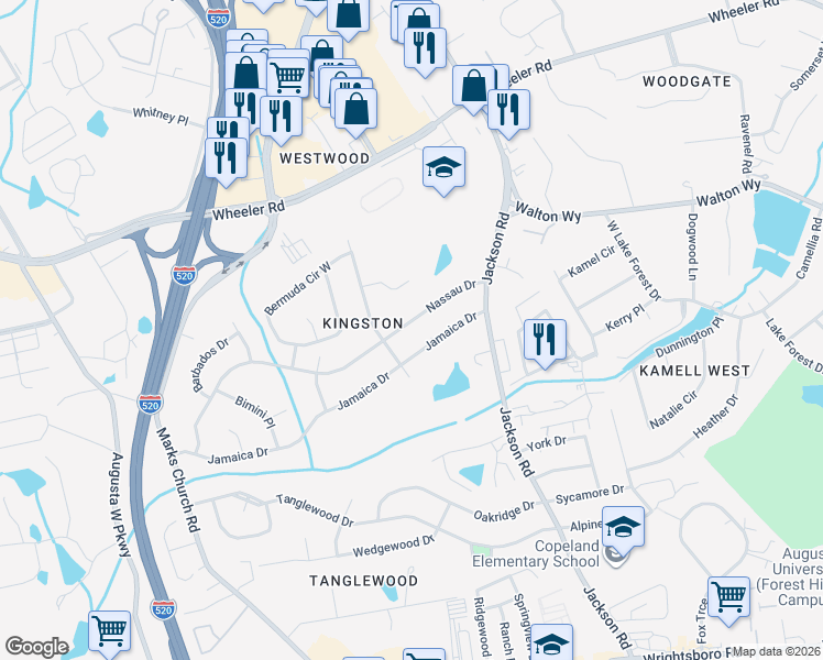 map of restaurants, bars, coffee shops, grocery stores, and more near 3518 Nassau Drive in Augusta