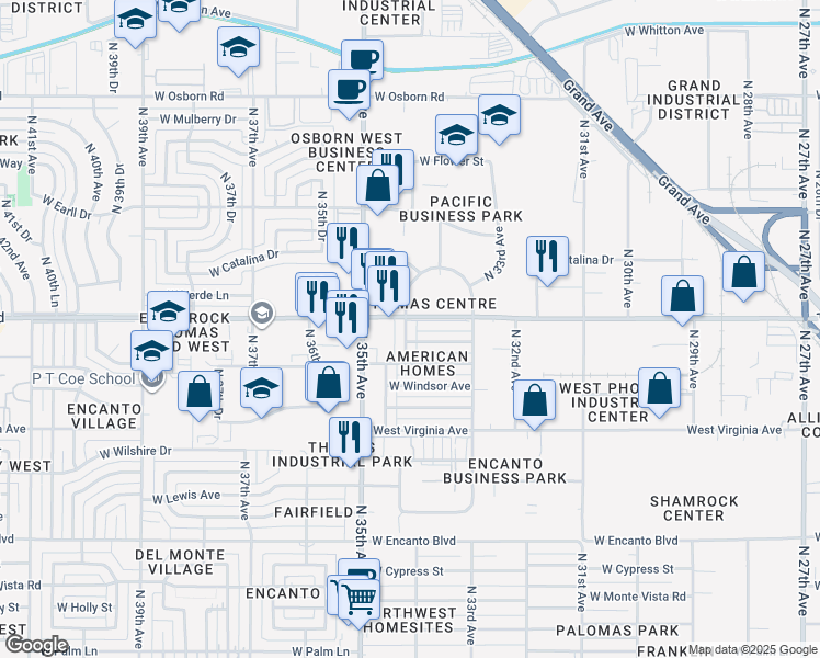 map of restaurants, bars, coffee shops, grocery stores, and more near 2813 North 34th Drive in Phoenix