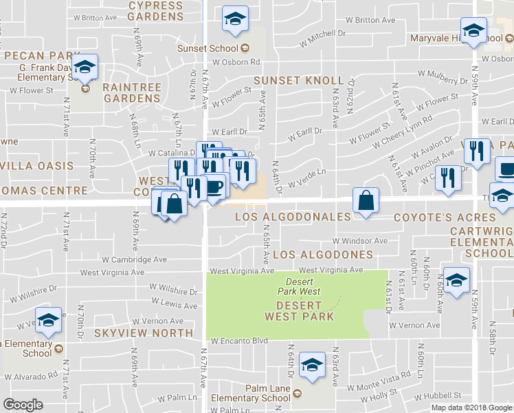 map of restaurants, bars, coffee shops, grocery stores, and more near 2849 North 65th Drive in Phoenix