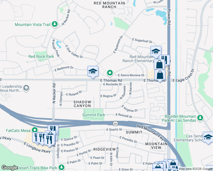 map of restaurants, bars, coffee shops, grocery stores, and more near 6343 East Rochelle Street in Mesa