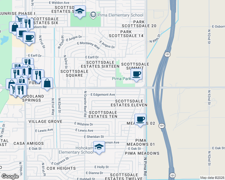 map of restaurants, bars, coffee shops, grocery stores, and more near 8529 East Thomas Road in Scottsdale