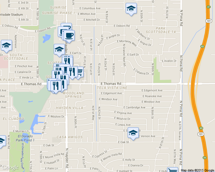 map of restaurants, bars, coffee shops, grocery stores, and more near 8243 East Thomas Road in Scottsdale