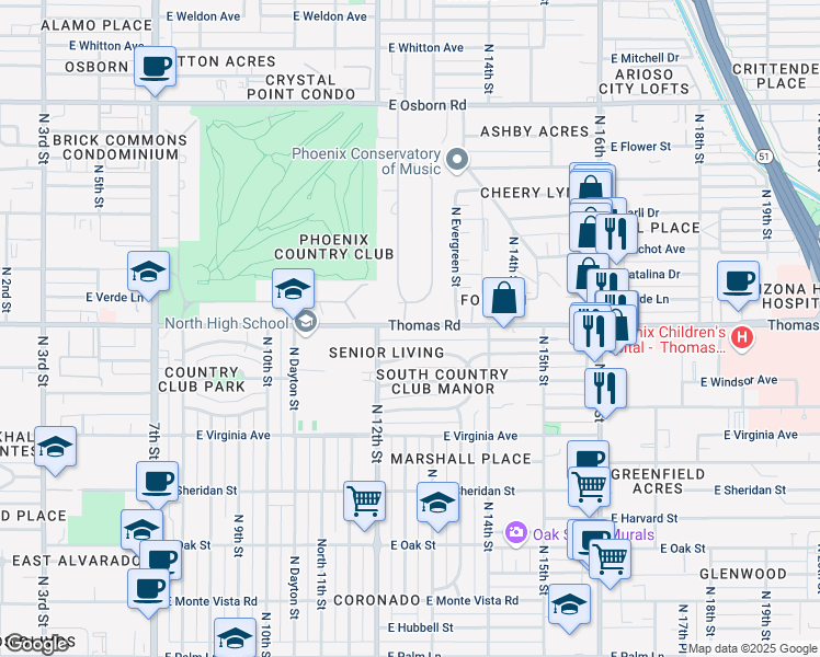 map of restaurants, bars, coffee shops, grocery stores, and more near 1233 East Thomas Road in Phoenix