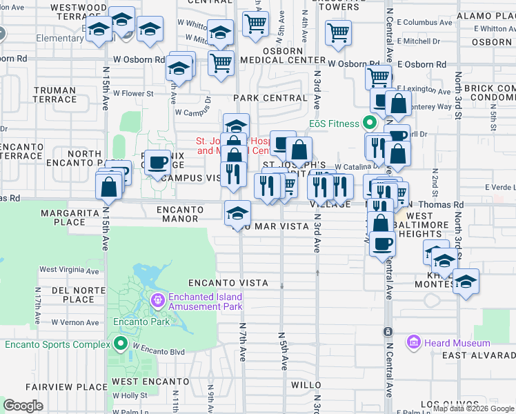 map of restaurants, bars, coffee shops, grocery stores, and more near 521 West Thomas Road in Phoenix