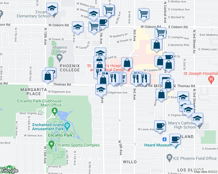 map of restaurants, bars, coffee shops, grocery stores, and more near 521 West Thomas Road in Phoenix