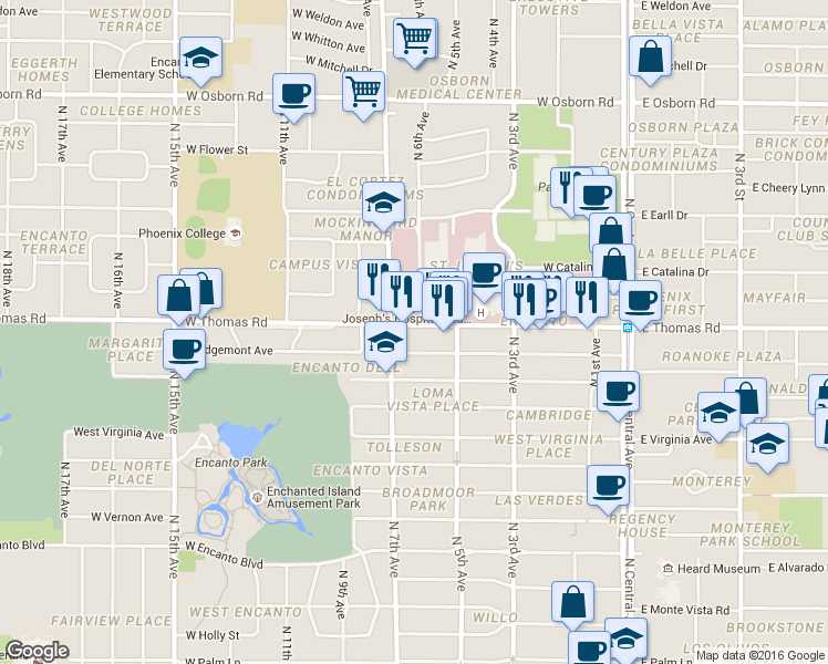 map of restaurants, bars, coffee shops, grocery stores, and more near 521 West Thomas Road in Phoenix