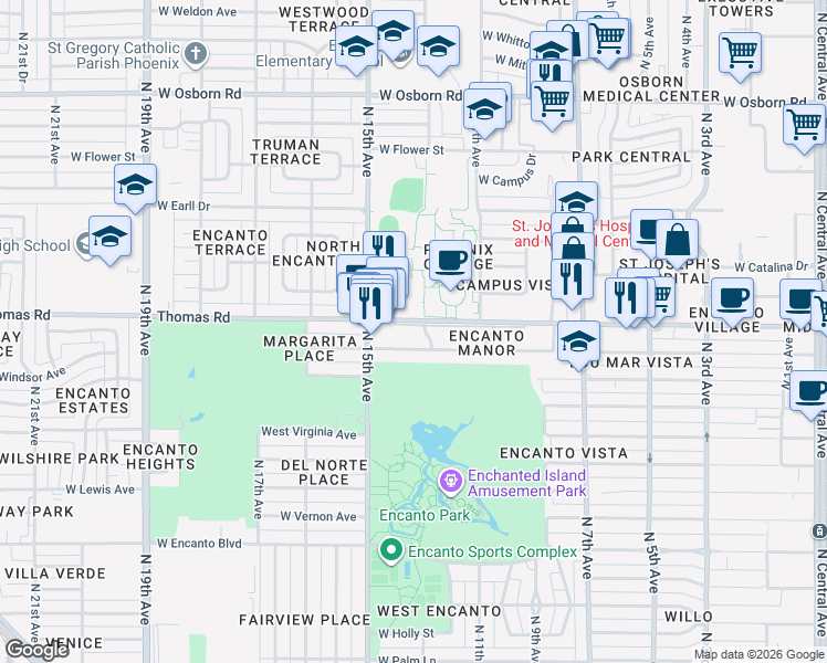 map of restaurants, bars, coffee shops, grocery stores, and more near 1151 West Thomas Road in Phoenix