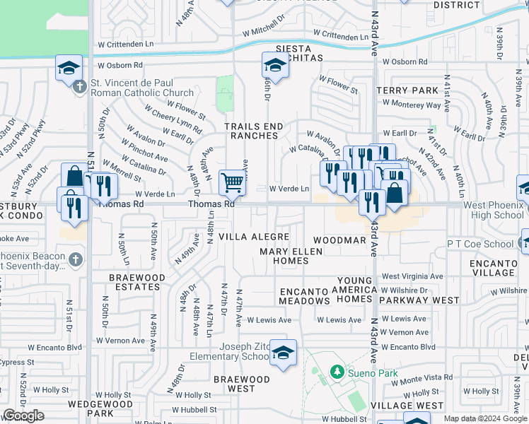 map of restaurants, bars, coffee shops, grocery stores, and more near 2846 North 46th Avenue in Phoenix