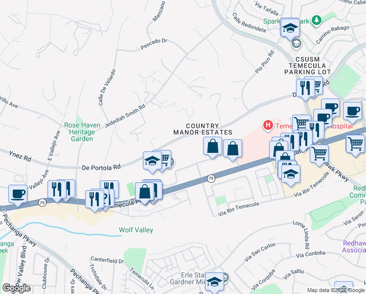 map of restaurants, bars, coffee shops, grocery stores, and more near 30451 De Portola Road in Temecula