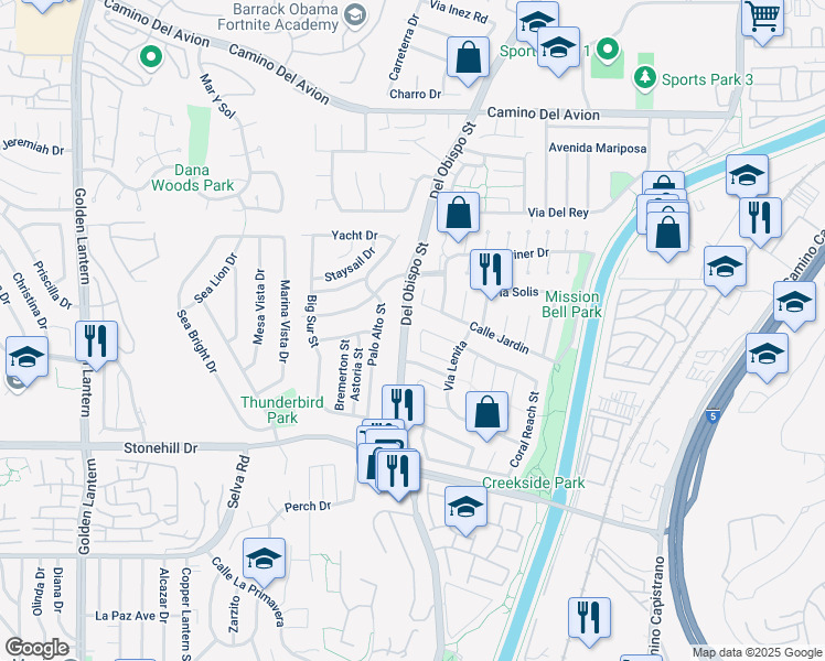 map of restaurants, bars, coffee shops, grocery stores, and more near 33245 Sandy Beach Place in Dana Point
