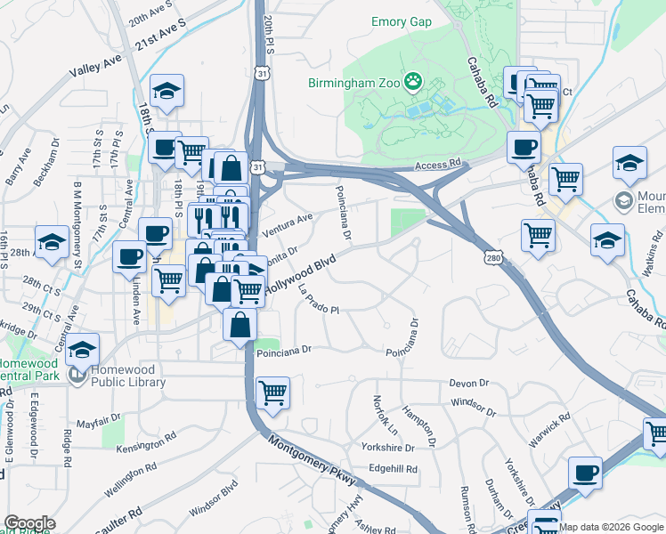 map of restaurants, bars, coffee shops, grocery stores, and more near 107 Hollywood Blvd in Birmingham