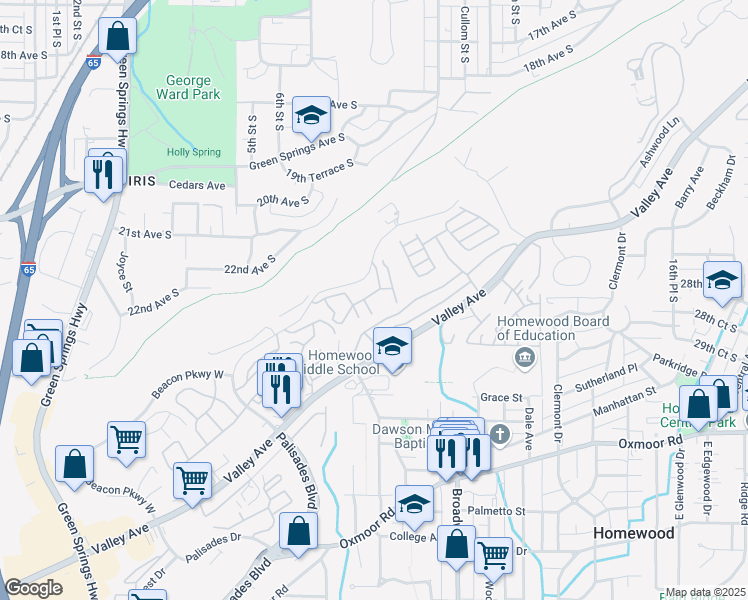 map of restaurants, bars, coffee shops, grocery stores, and more near 1221 Beacon Parkway East in Birmingham
