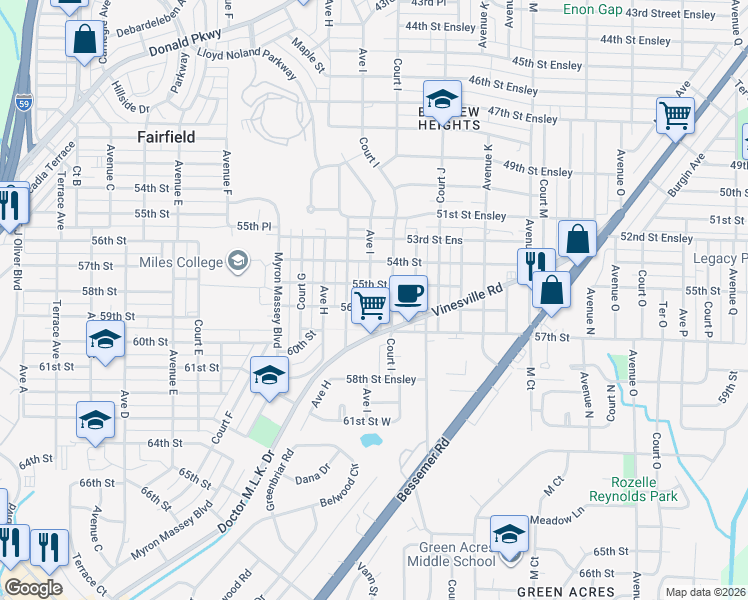 map of restaurants, bars, coffee shops, grocery stores, and more near 5516 Court I in Birmingham