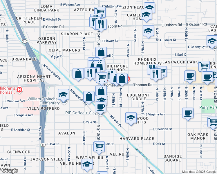 map of restaurants, bars, coffee shops, grocery stores, and more near 2425 East Thomas Road in Phoenix