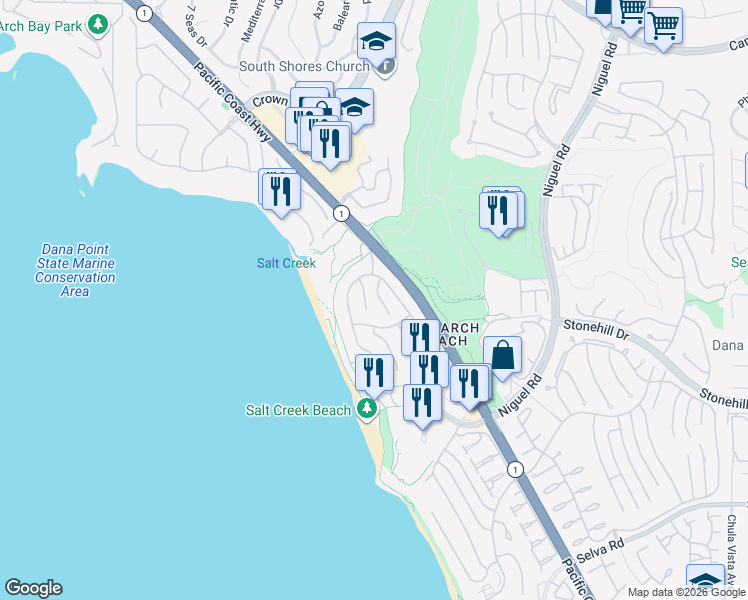 map of restaurants, bars, coffee shops, grocery stores, and more near 56 Ritz Cove Drive in Dana Point