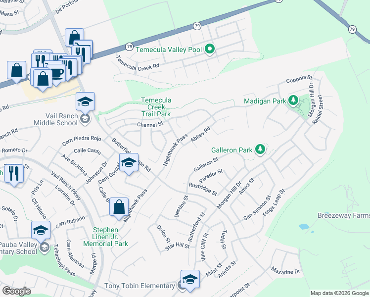 map of restaurants, bars, coffee shops, grocery stores, and more near 33715 Abbey Road in Temecula
