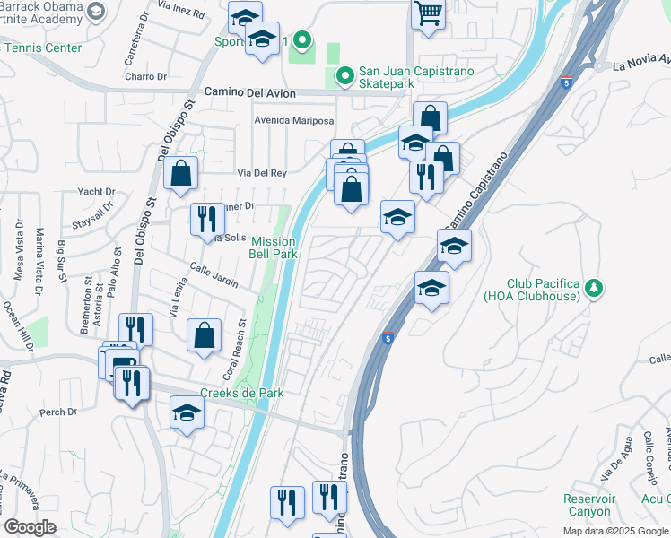 map of restaurants, bars, coffee shops, grocery stores, and more near 130 Caoba Road in San Juan Capistrano