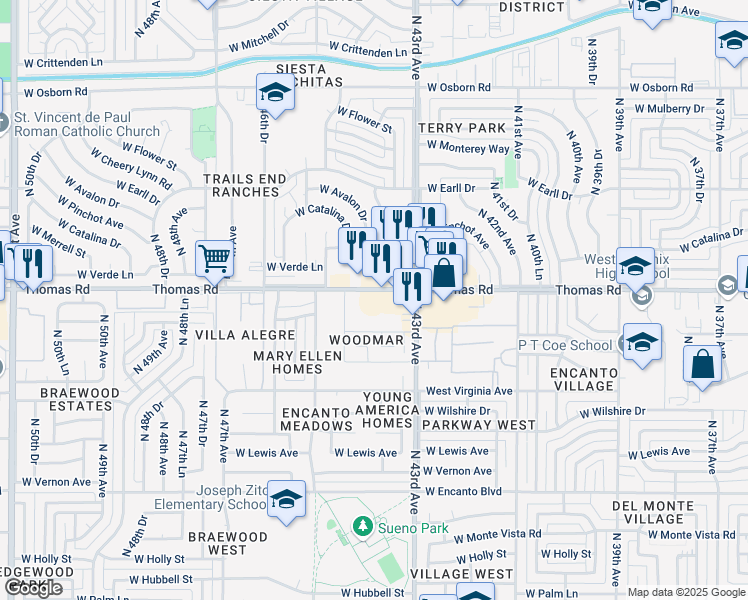 map of restaurants, bars, coffee shops, grocery stores, and more near 4333 West Thomas Road in Phoenix