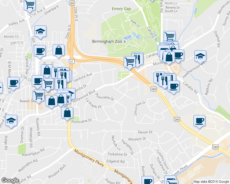map of restaurants, bars, coffee shops, grocery stores, and more near 210 Malaga Avenue in Birmingham
