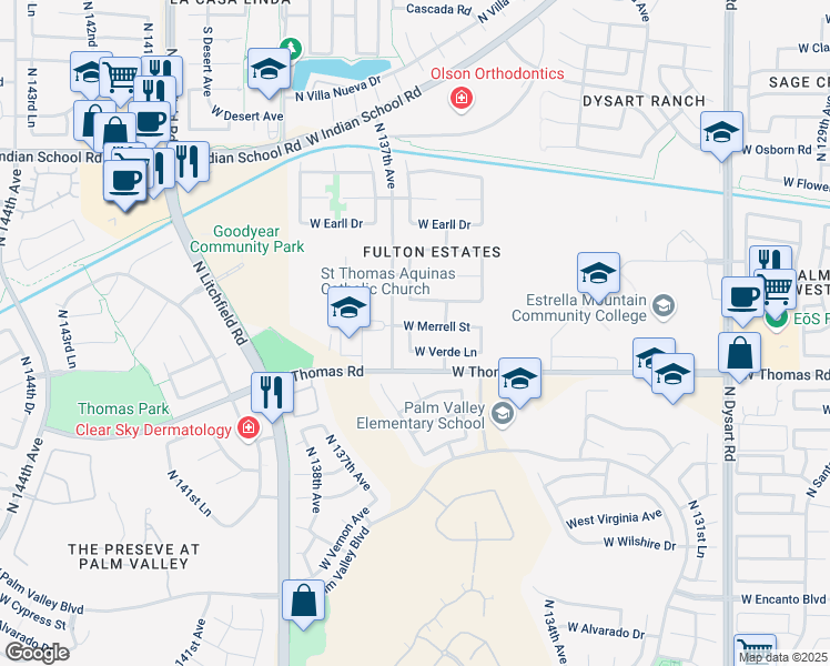 map of restaurants, bars, coffee shops, grocery stores, and more near 13619 West Merrell Street in Avondale