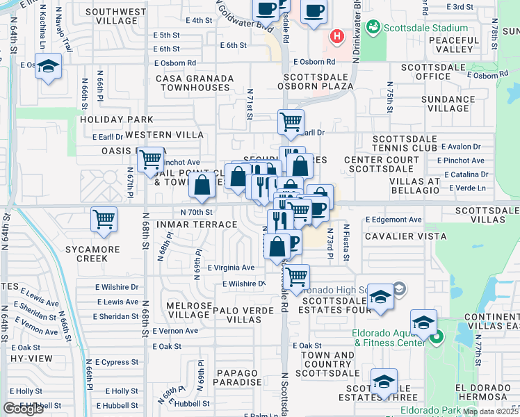 map of restaurants, bars, coffee shops, grocery stores, and more near 7153 East Thomas Road in Scottsdale