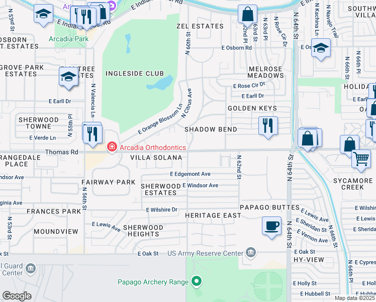map of restaurants, bars, coffee shops, grocery stores, and more near E Thomas Rd & N 60th St in Scottsdale