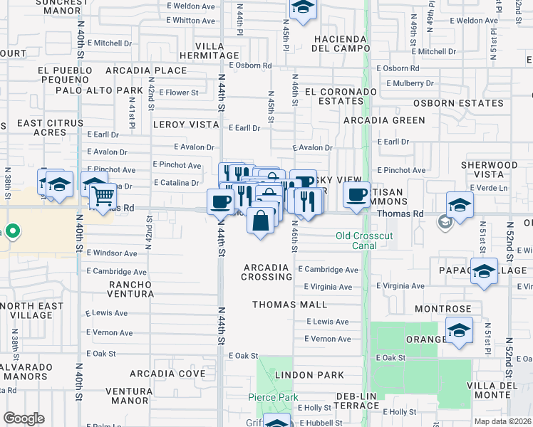 map of restaurants, bars, coffee shops, grocery stores, and more near 4531 East Thomas Road in Phoenix