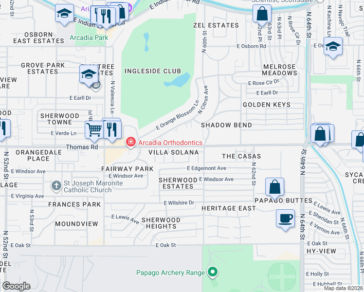 map of restaurants, bars, coffee shops, grocery stores, and more near 5961 East Thomas Road in Scottsdale