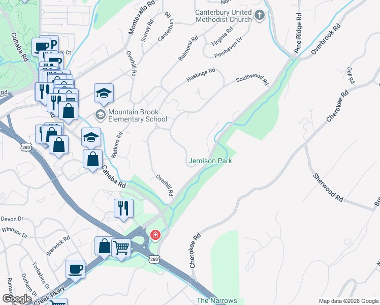 map of restaurants, bars, coffee shops, grocery stores, and more near 3145 Guilford Road in Birmingham