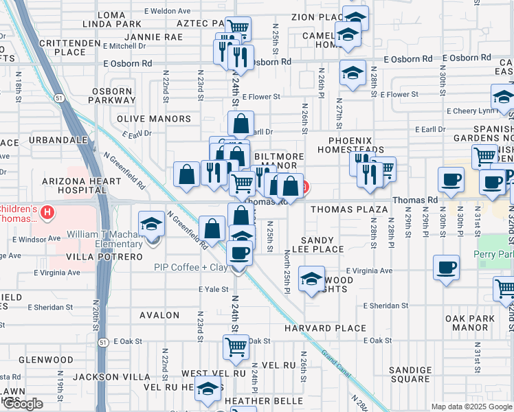 map of restaurants, bars, coffee shops, grocery stores, and more near 2425 East Thomas Road in Phoenix