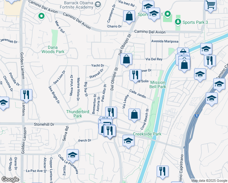 map of restaurants, bars, coffee shops, grocery stores, and more near 33245 Sandy Beach Place in Dana Point