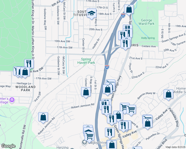 map of restaurants, bars, coffee shops, grocery stores, and more near 20 23rd Terrace South in Birmingham