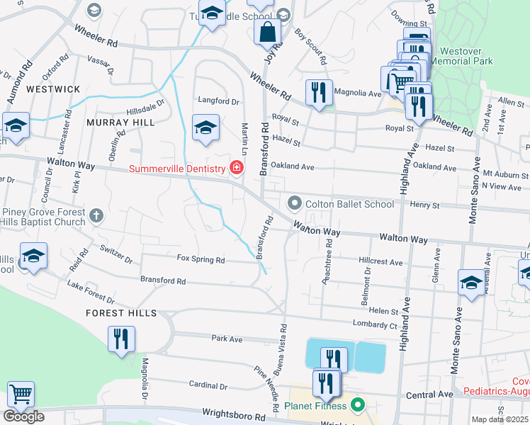 map of restaurants, bars, coffee shops, grocery stores, and more near 2903 Bransford Rd in Augusta